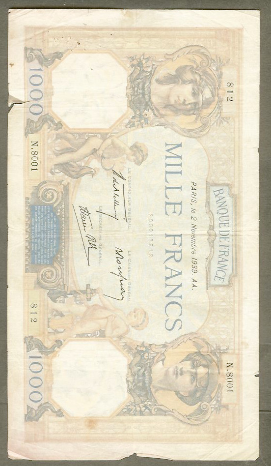 1000 francs CÉRÈS et MERCURE 2.11.1939 alpha N.8001 TB